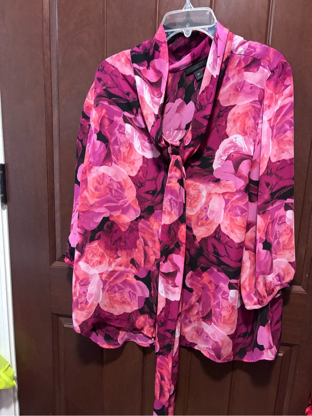 Worthington Pink Multi Floral Tie-Neck Blouse